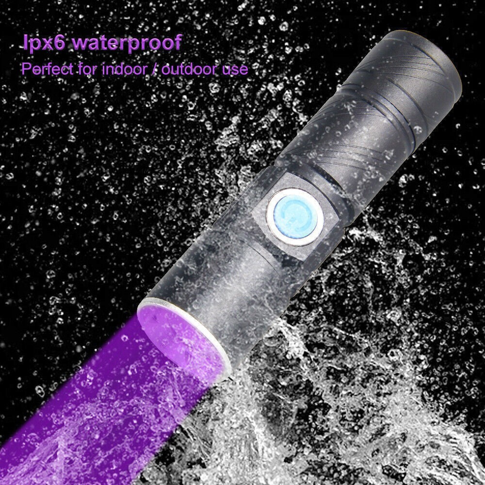 395 LED UV Torch Flashlight Light USB Rechargeable Ultra Violet Blacklight Zoom