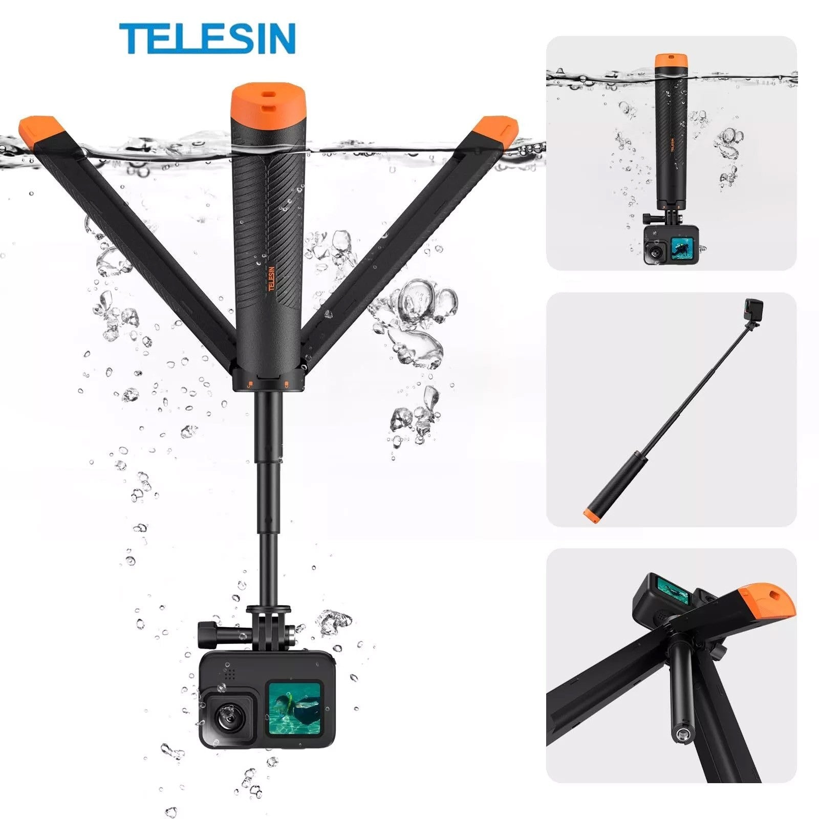 TELESIN 4 in 1 Floating Hand Grip Tripod Selfie Stick for GoPro Hero 13 12 11 10