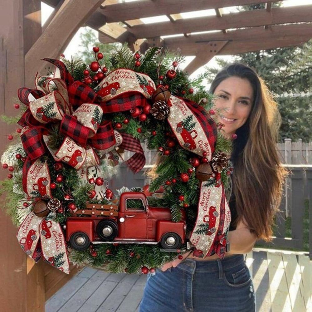 Christmas Wreath Artificial Pinecone Red Truck Car Bowknot Berry Garland