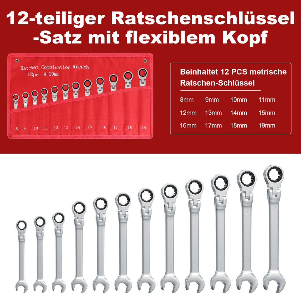 12pcs Metric Ratchet Flexible Spanner Set 8-19mm Combination Wrench Spanners