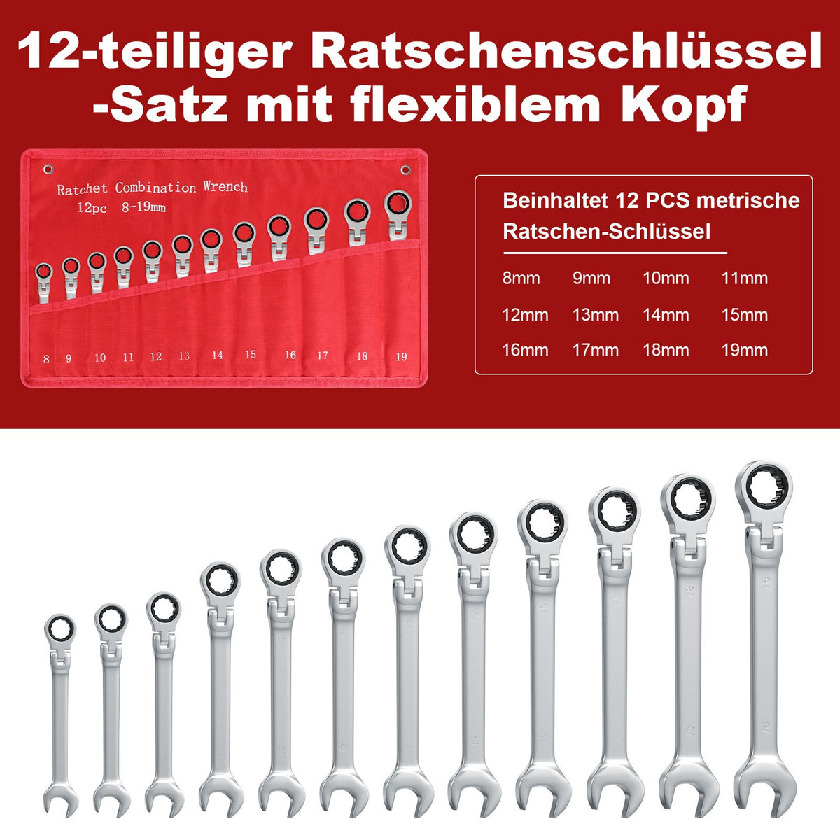 12pcs Metric Ratchet Flexible Spanner Set 8-19mm Combination Wrench Spanners