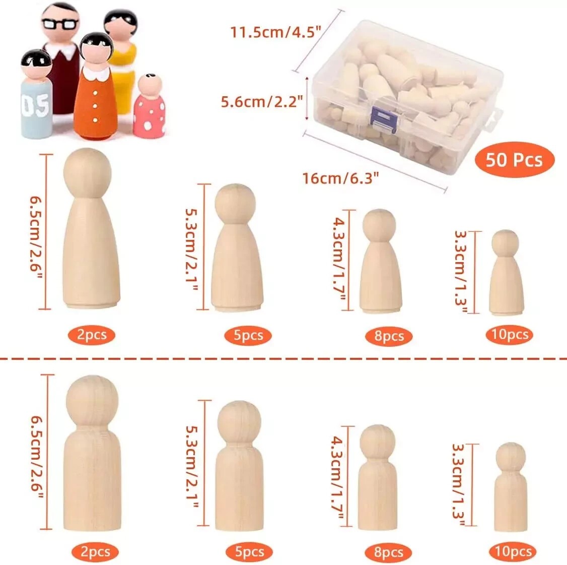 Wooden Peg Dolls Unfinished People, 50 Pcs Natural Wooden Pegs People Shape Doll