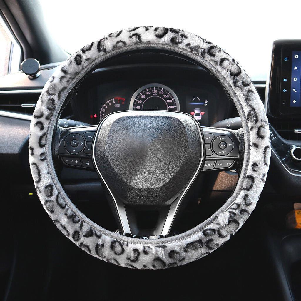 Leopard Print Fluffy Warm Car Steering Wheel Cover Plush Fuzzy Girls Universal