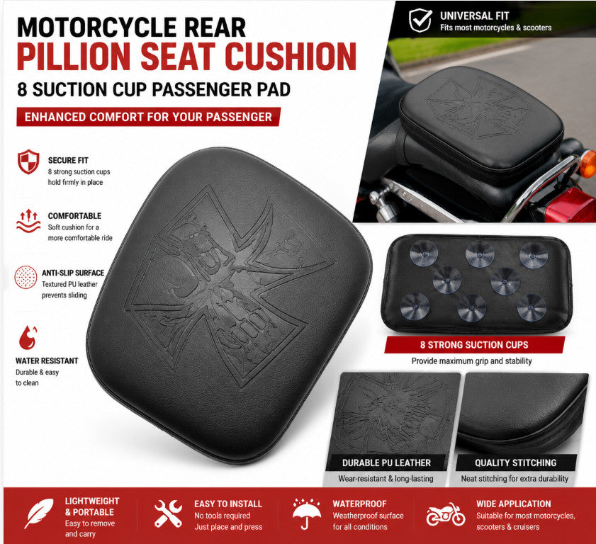 Motorcycle Rear Pillion Seat Mat 8 Suction Cup Passenger Cushion Pad