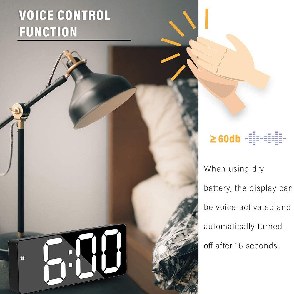 Alarm Clock Led Display Digital Mirror Voice Clock Battery/Plug-In Dual Purpose
