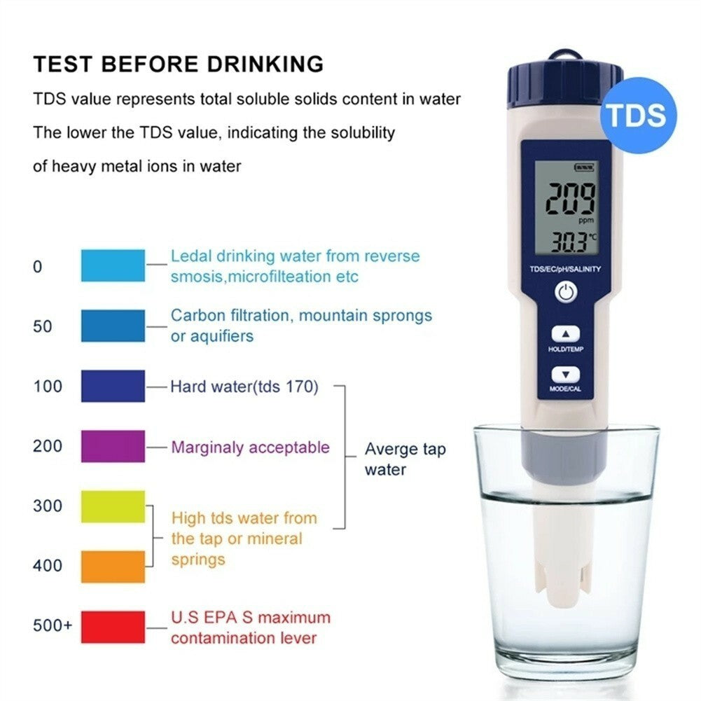 5in1 Water Quality Meter PH/TDS/Temp/EC/Salinity Meter High Accuracy Pen Tester