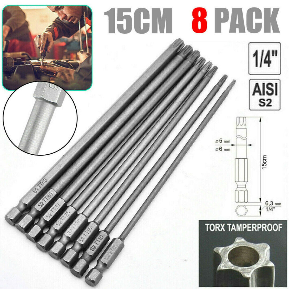 8Pcs/Set Torx Screwdriver Bits 150MM Extra Long Tool Hex Security Magnetic Head