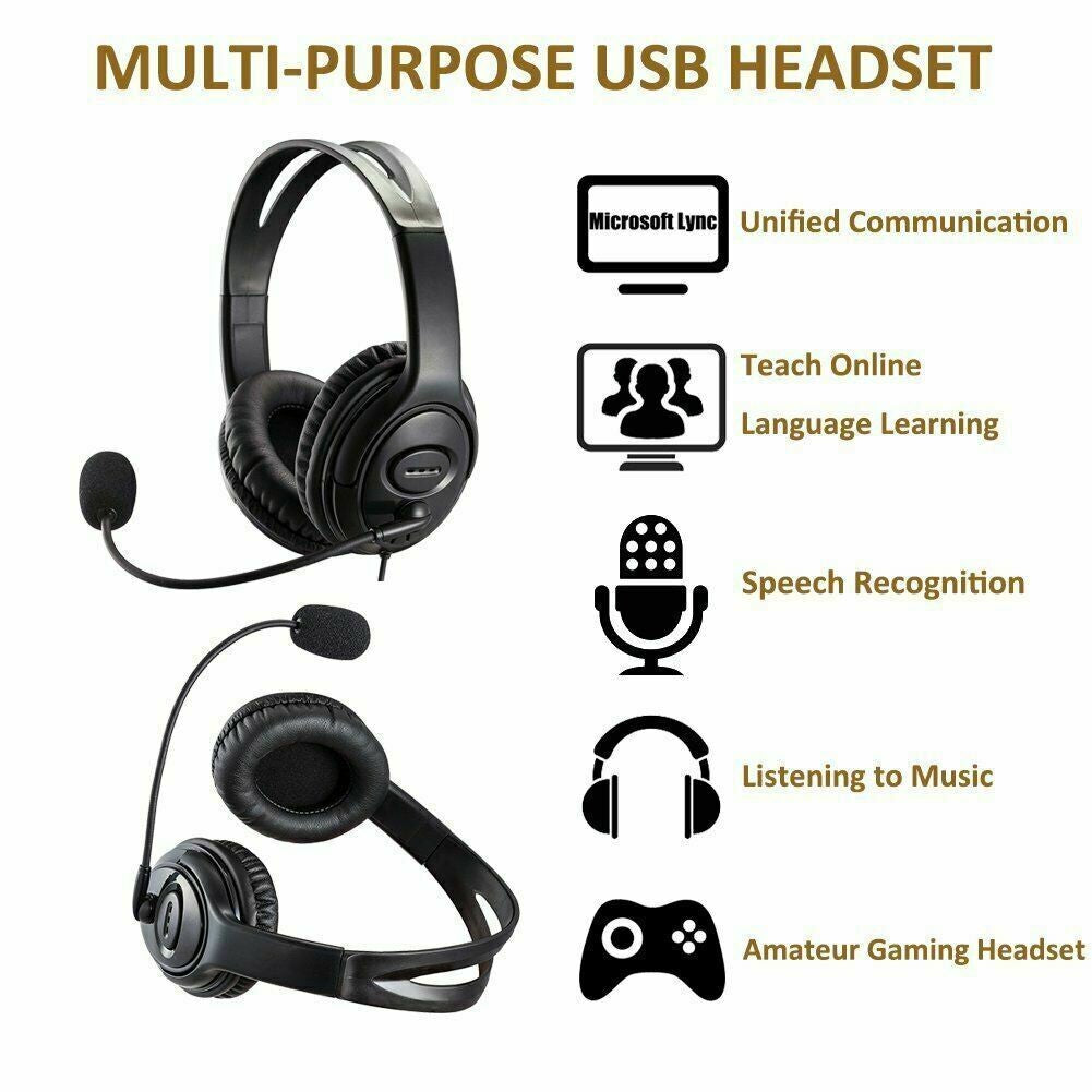 USB Headphones with Microphone Noise Cancelling Headset for PC Skype Laptop UK