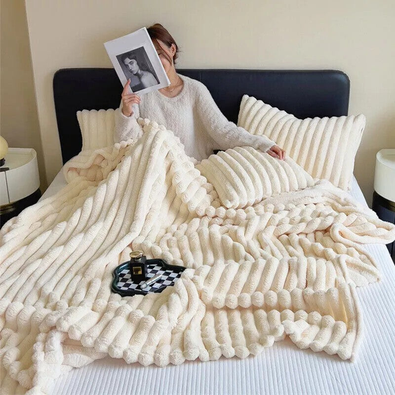 Ribbed Soft Fleece Throws Chunky Cord Blanket Faux Fur Warm Sofa Bed Blanket UK