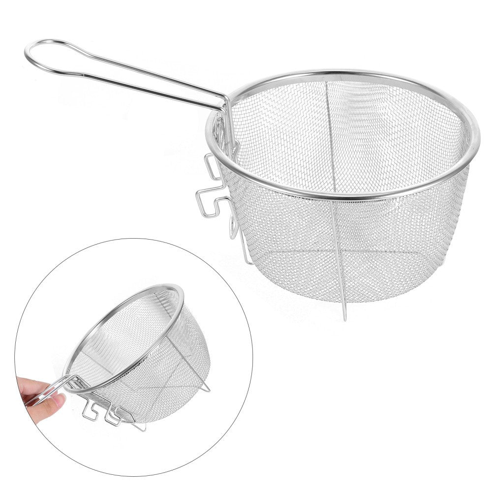 Round Stainless Steel Fryer Basket With Foldable Handle For Deep Frying Food