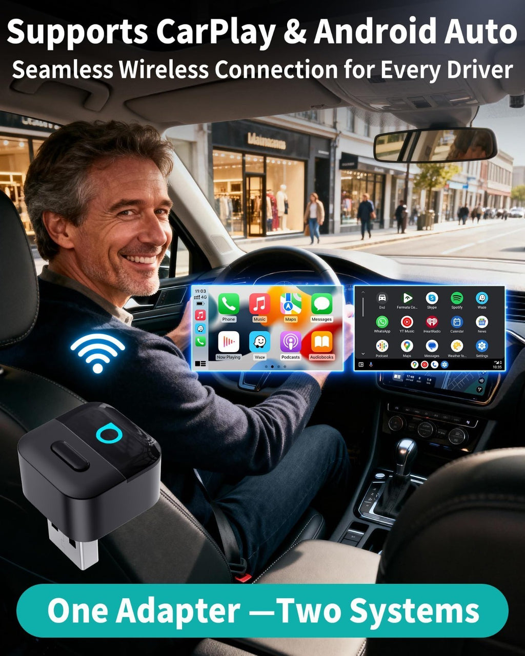 Wireless CarPlay AndroidAuto Adapter USB Dongle 2in1 w/Button