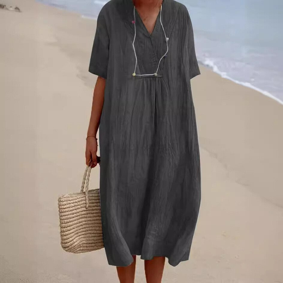 Ladies Summer Cotton Linen Dress Ladies Sundress Solid Midi Dresses Pullover UK