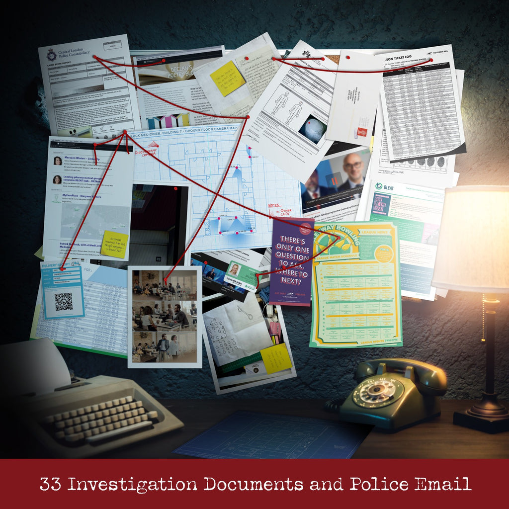 Cryptic Killers Unsolved Mystery Game – Murder at Mediluck Medicines Edition