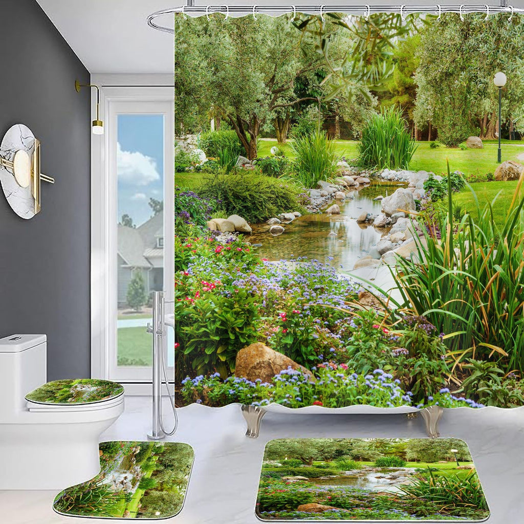 Cottage Garden Pond Waterproof Shower Curtain- Outdoor Garden Fence Scenic