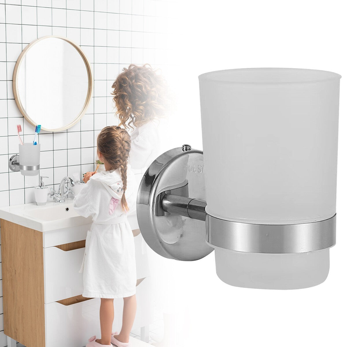 Stainless Steels Toothbrush Holder Wall Mounted Tumbler Bathroom Storage Shelf