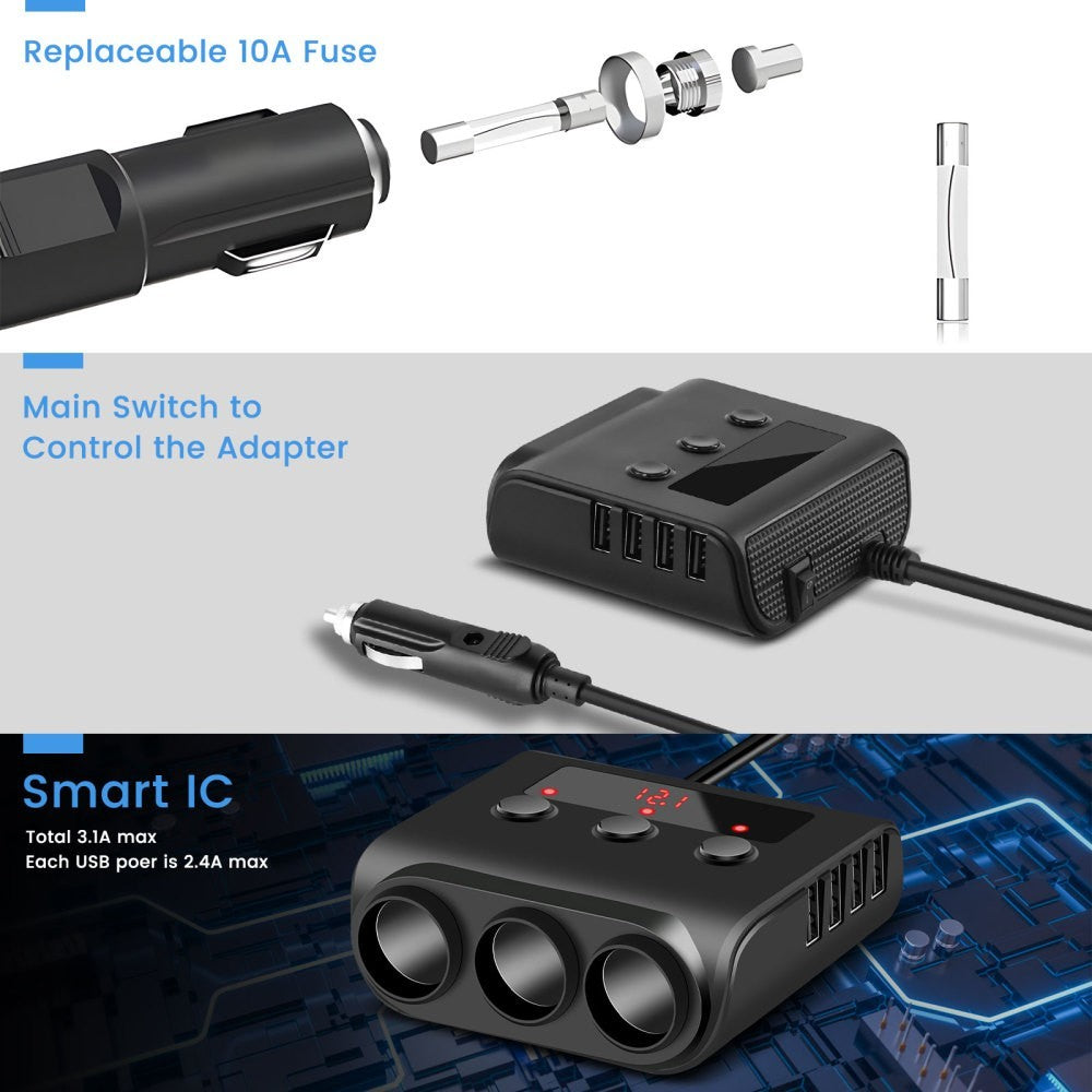 3 Way Cigarette Lighter Socket Splitter 12V 24V 4 USB Plug Multi Charger Adapter