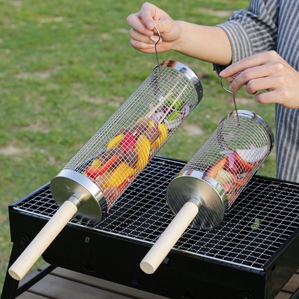 Rolling Grill Basket BBQ Net Tube Cylinder BBQ Grilling Meat Vegetable Cage UK