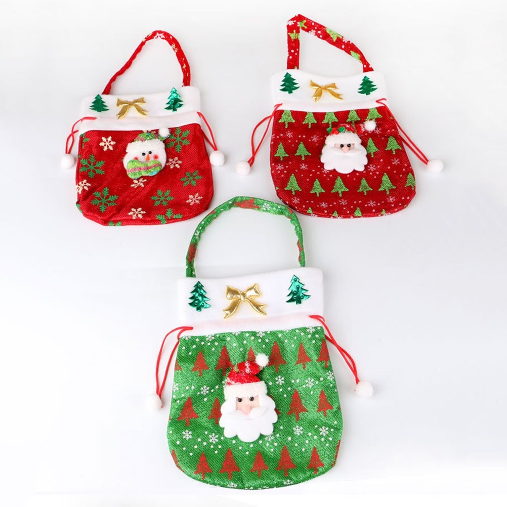 3Pcs Durable Christmas Gift Bags Candy Pouch Set Santa Snowman Designs