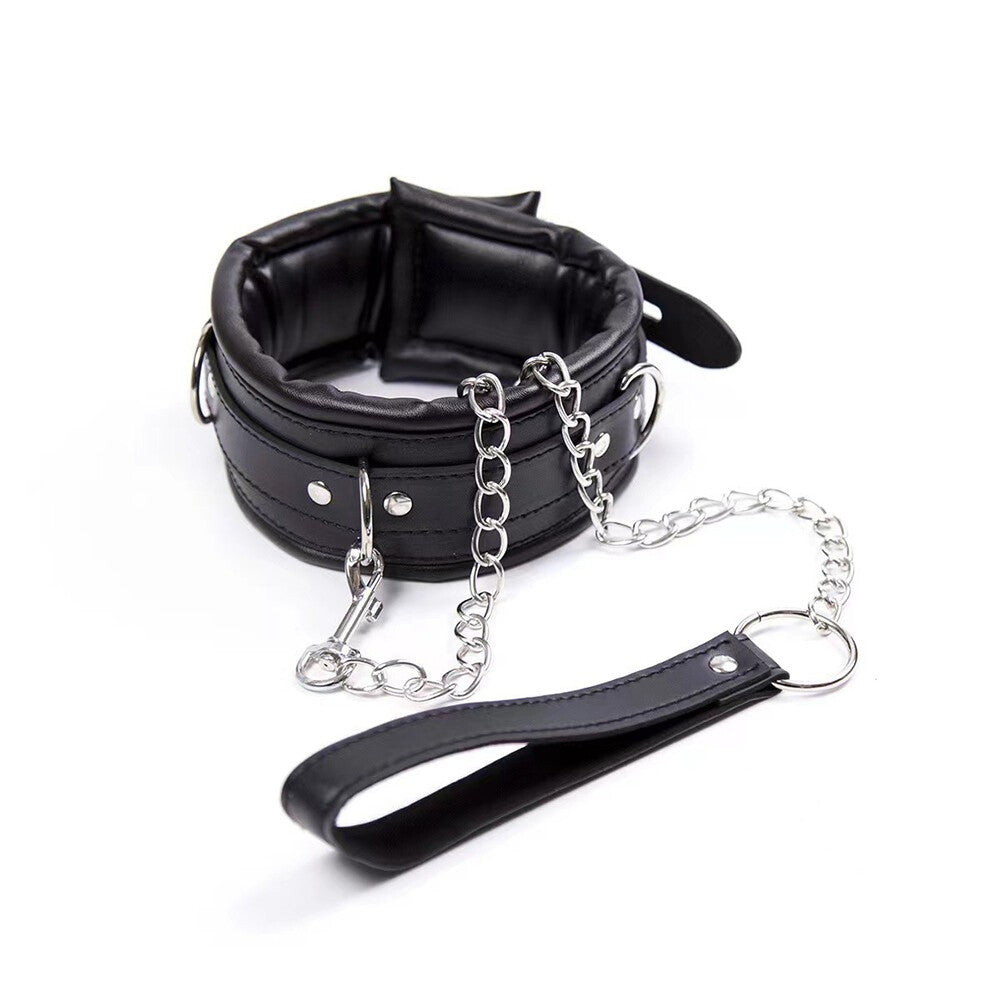 PU Leather Padded Neck Collar Chocker With Leash Chain Slave Game Bondage BDSM