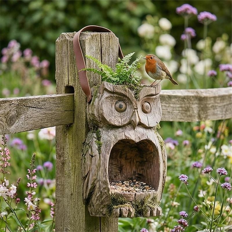 Resin Bird Feeder, Owl Shape Hanging Bird Feeder for Outside Funny Birds Feeders