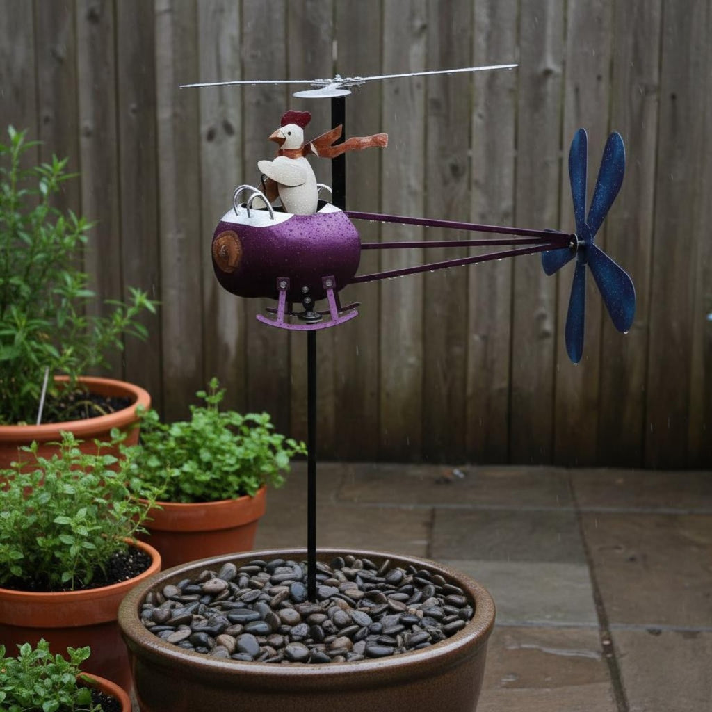 Chicken Helicopter Wind Vane Heavy Duty Metal Garden Wind-Driven Ornament Decor*