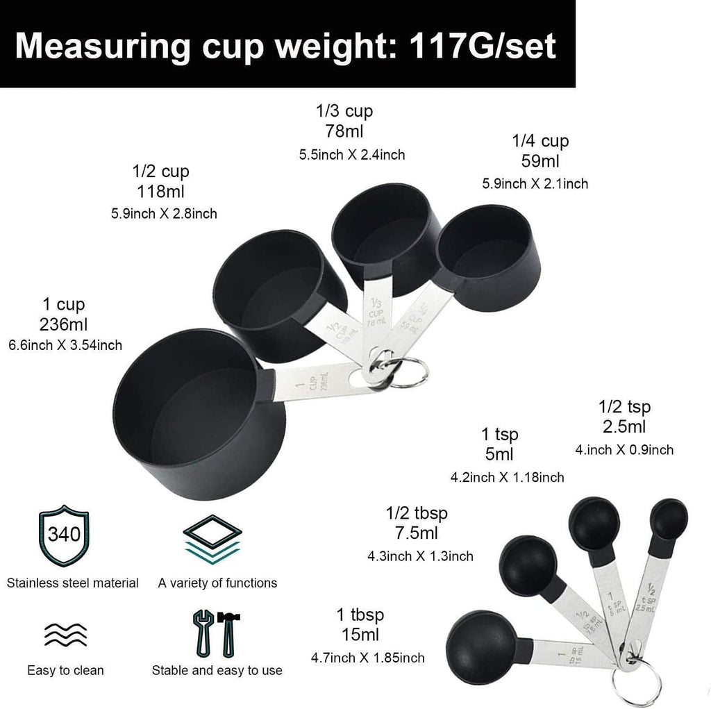 8-Piece Black Measuring Cups & Spoons Set Stainless Steel Handles Baking Cooking