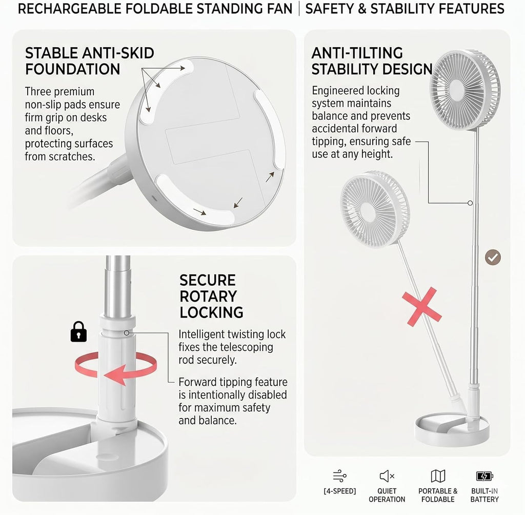 Cordless Fan, Portable Fan Rechargeable 7200mAh -Foldable Whisper Quiet