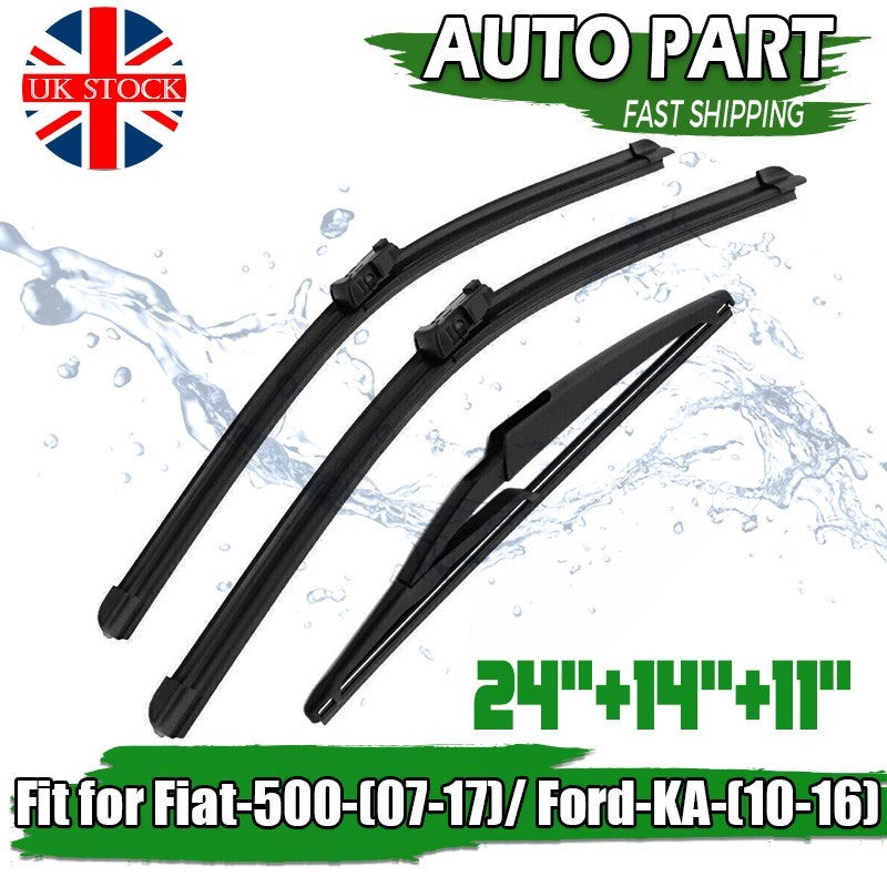 3PCS 24" 14" 11" Front & Rear Windscreen Wiper Blades Set For Fiat 500 Ford KA