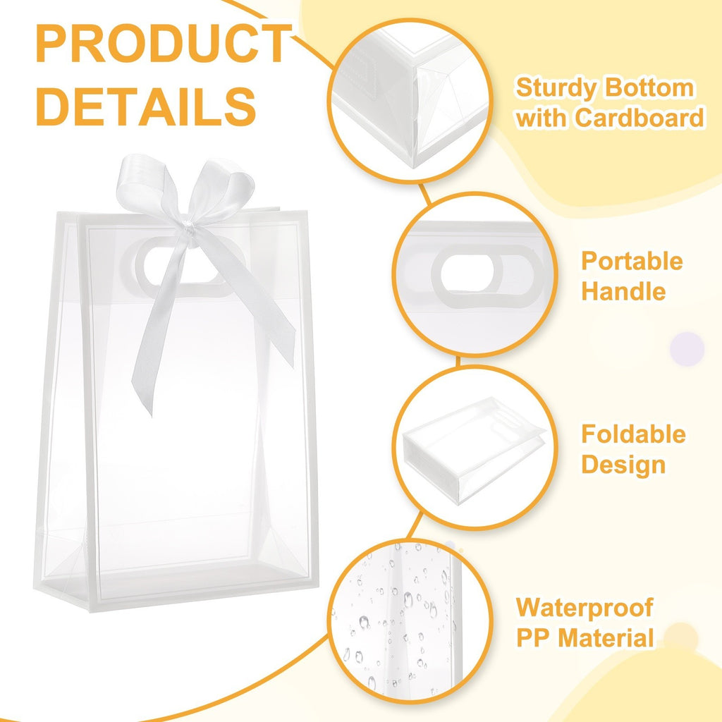 6Pcs Clear Gift Bags with Handle, 9.5x13.8x4" Favor Bags(White, White Ribbon).*