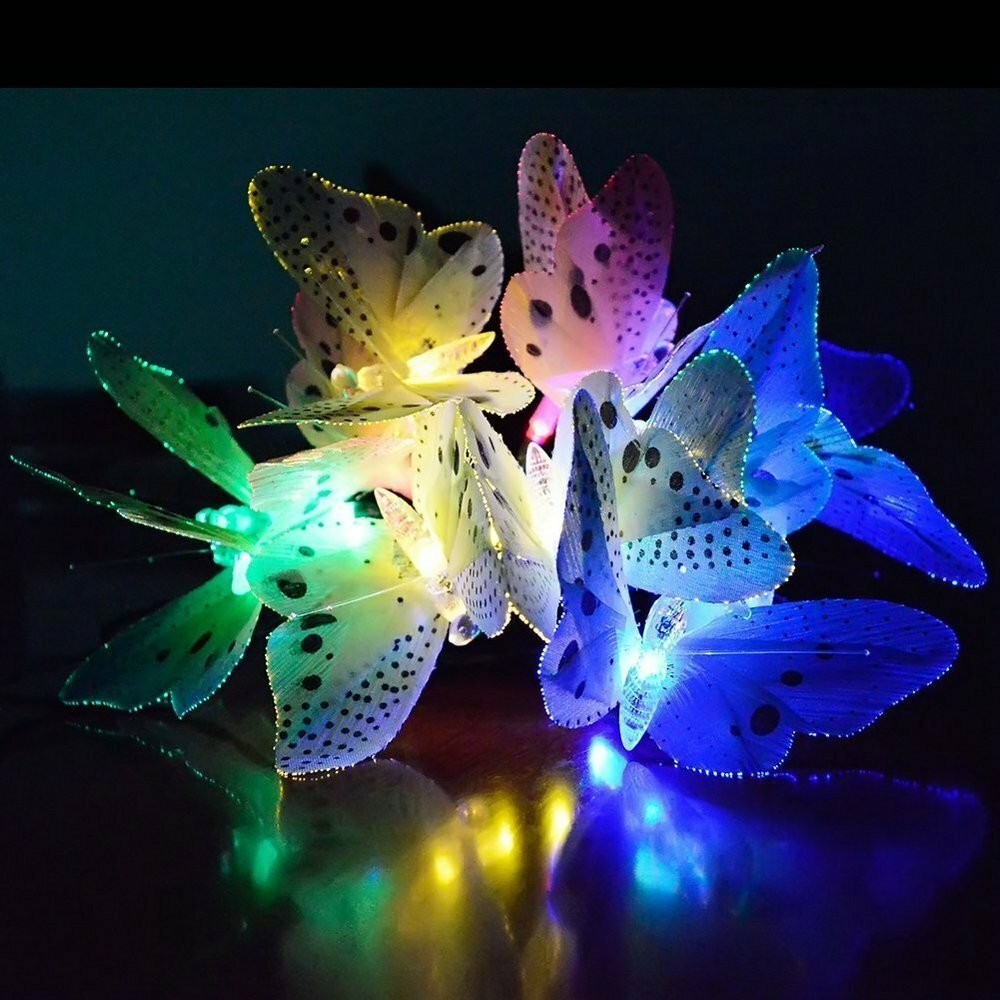 12Pcs LED Solar Powered Butterfly Fiber Optic Fairy String Outdoor Garden Lights