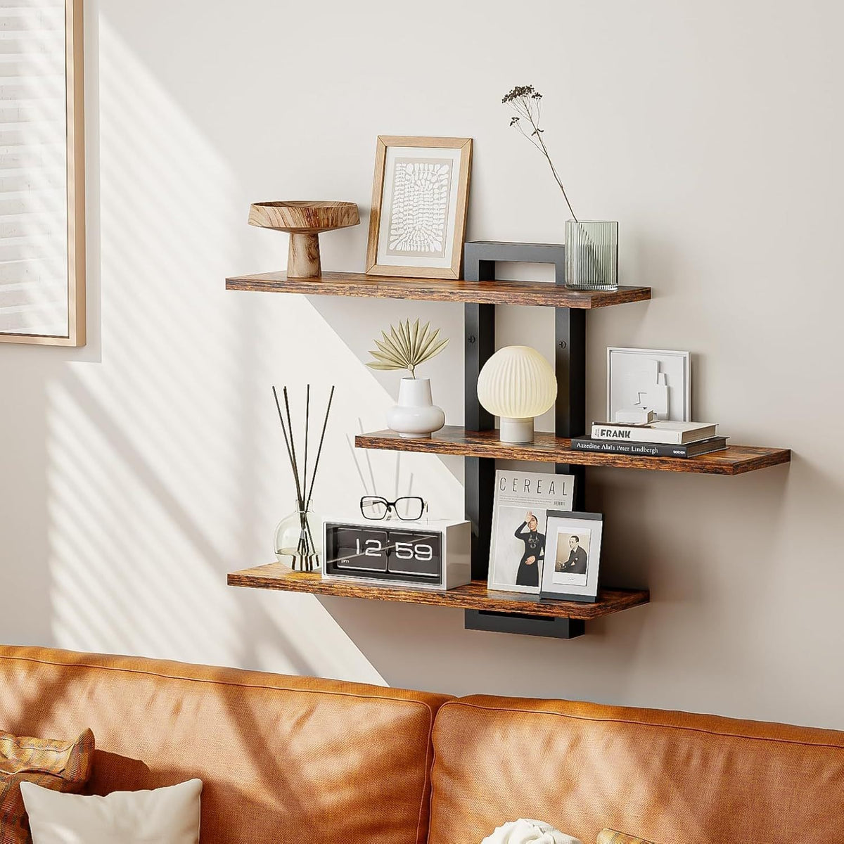 Wooden Floating Shelves 3-Tier Wall Display Racks 50cm with Metal Brackets UK