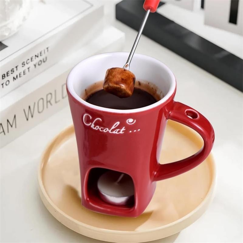 Chocolate Fondue Mugs,Premium Chocolate Fondue Coffee Cup with Fork Melting Mug