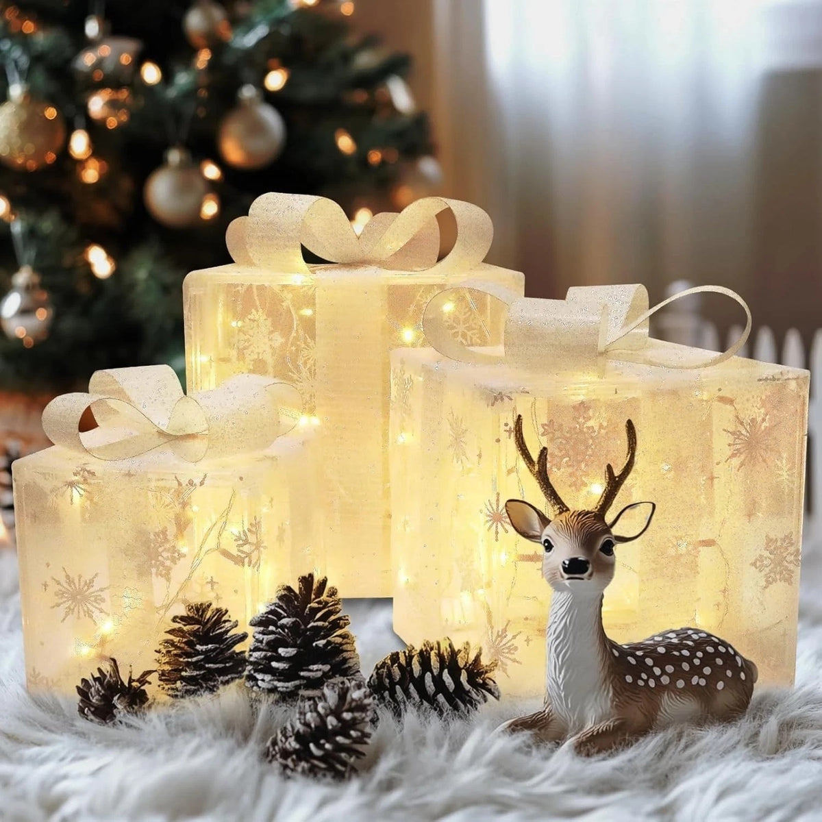 3 Pack Illuminated LED Light Up Gift Boxes Christmas Decorations Presents Ribbon