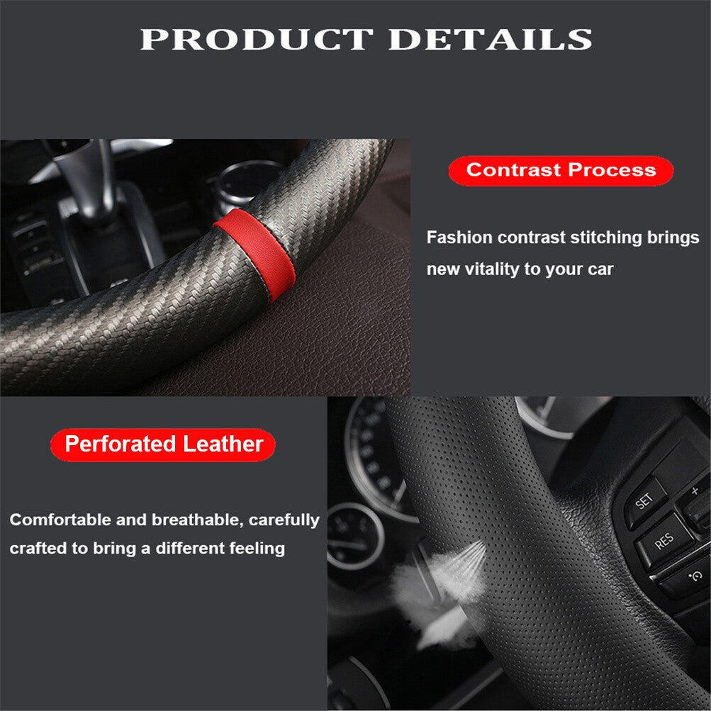 Car Steering Wheel Cover Carbon Fiber   Leather Non Slip 38cm 15'' Universal