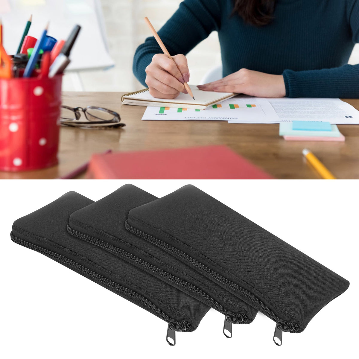 (Black)3pcs Neoprene Mountaineering Storage Pencil Case Bag Camping Soft
