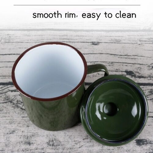 Armygreen Enamel Mug Vintage Travel Camping Tea Cup with Lid Drinkware