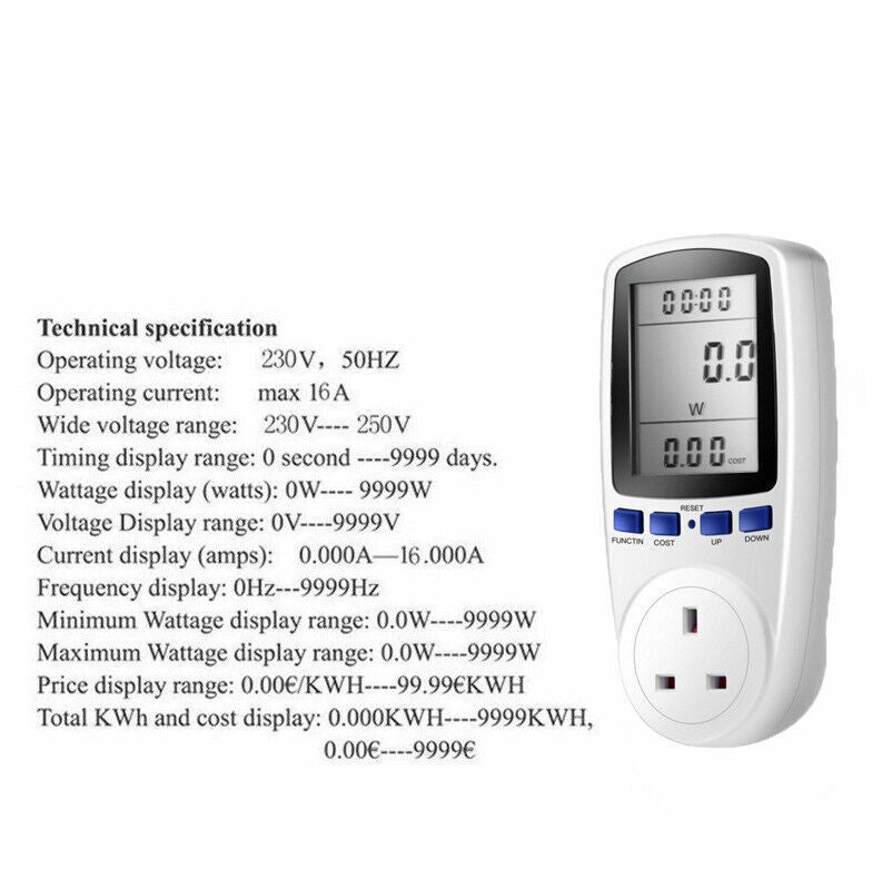 Electricity Usage Monitor Power Consumption Meter UK Plug In Watt Kwh Analyser