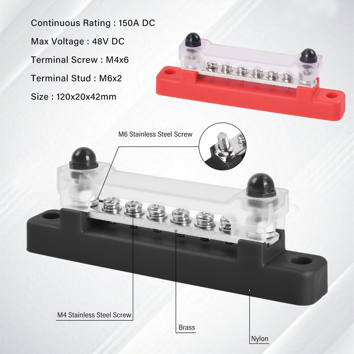 2Pcs 12V 150A Busbar 6 Way Red+Black Bus Bar Power Distribution Terminal Block