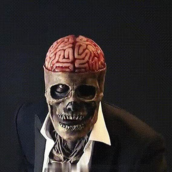 Halloween Party Scary Brain Moving Jaw Latex Full Head Skull Mask Skeleton Cos