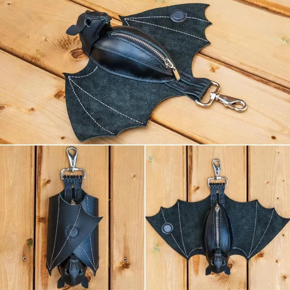 Gothic Leather Bat Coin Purse Handmade Keychain Zippered Wallet for Bags & Belts