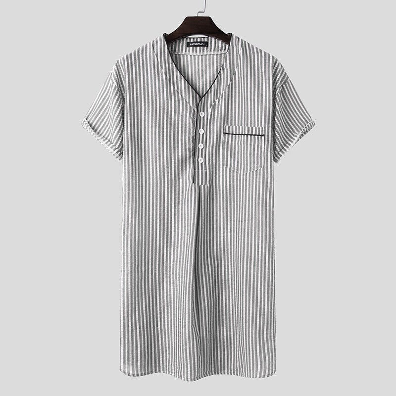 Summer Mens Striped Short Sleeve V Neck Top Shirt Dress Nightshirt Sleepwear Pjs