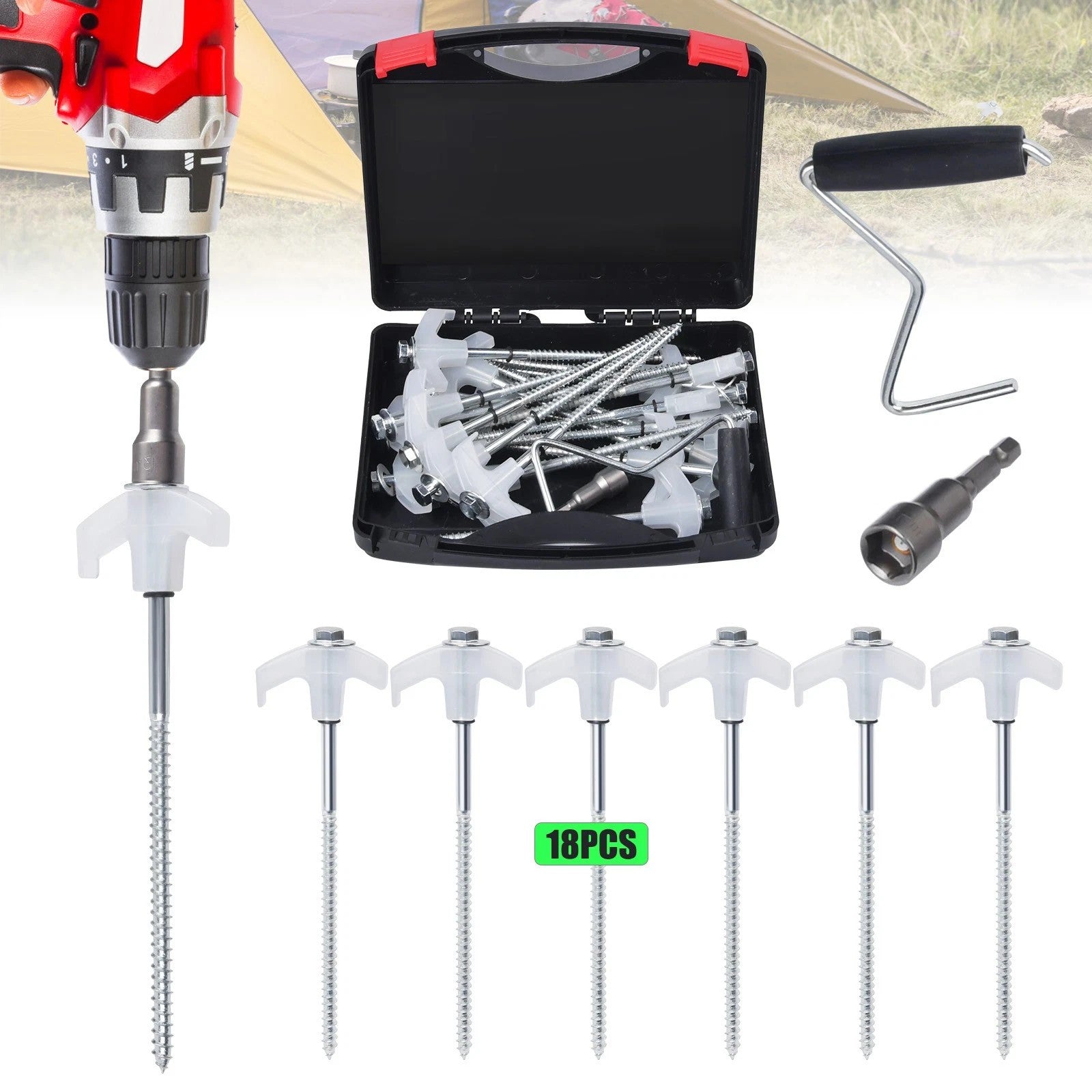 20x Pegs Screw In Drill Top Heavy Duty Ground Pegs In Case Awning Tent Pegs Set