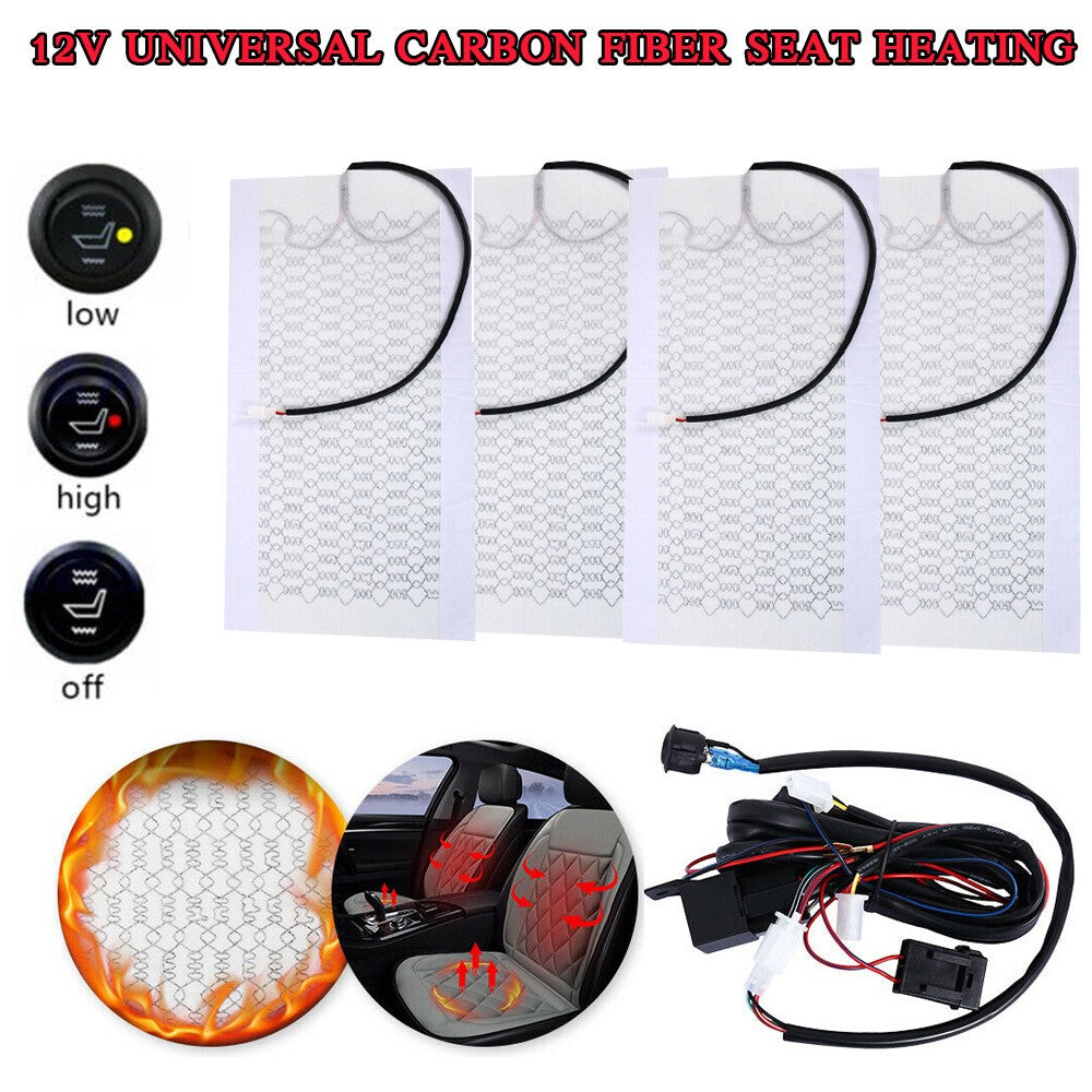 Universal 12V Car Carbon Fiber Heated Seat Heater Kit Cushion Round Switch Set