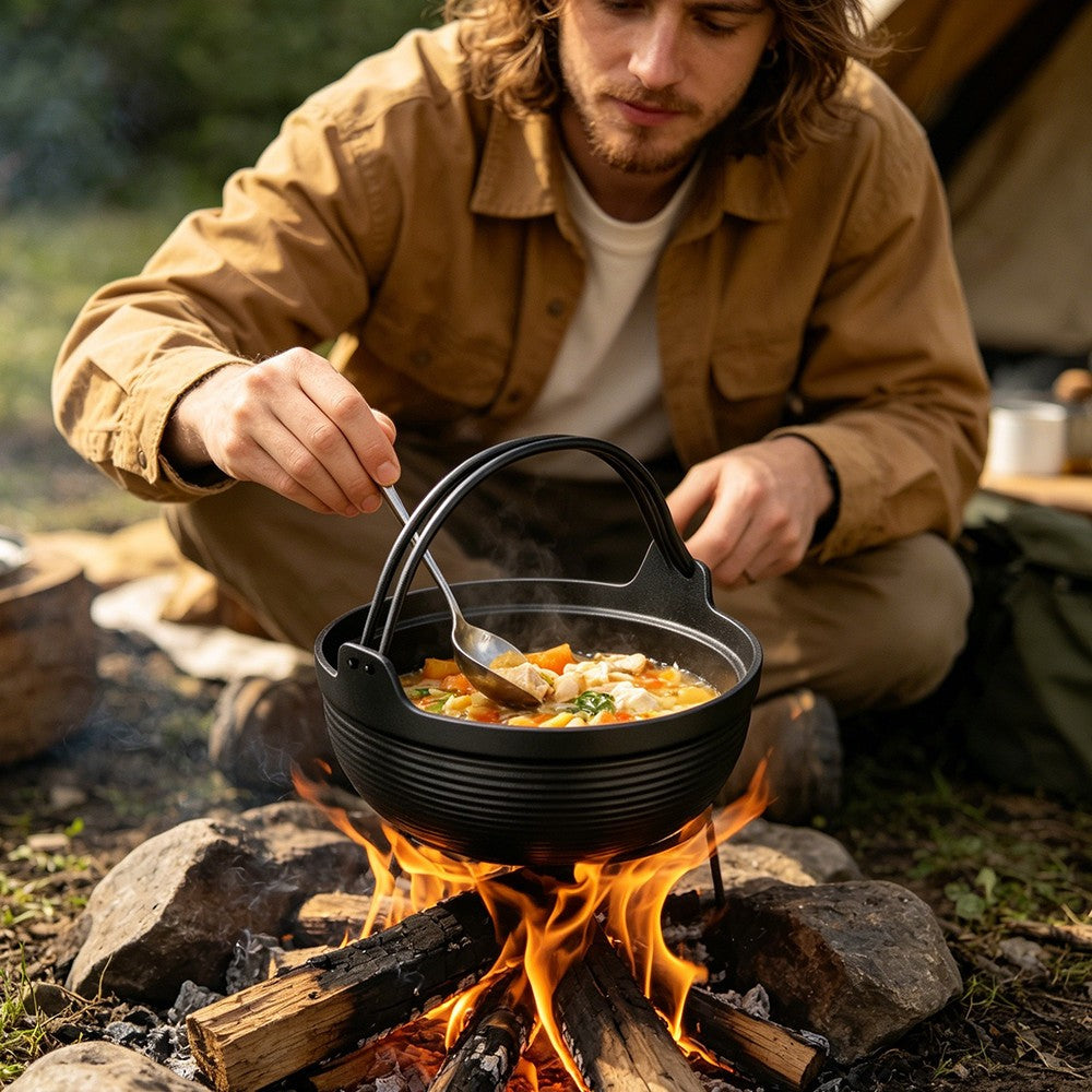 Cast Iron Stew Pot Dutch Oven Pan Stock Pot Camping Picnic Cooking Pot w/ Handle