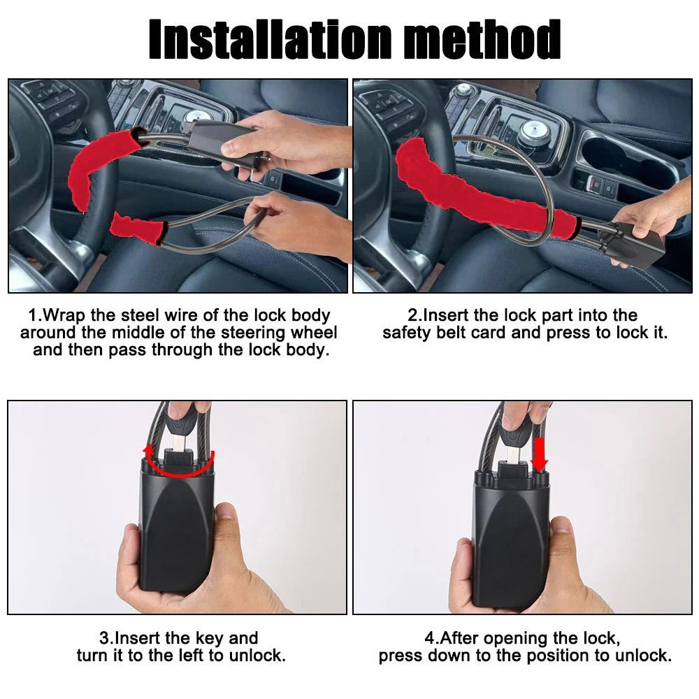 Seat Belt Lock Steering Wheel Lock Car Security Anti Theft Device Steel & 3Keys