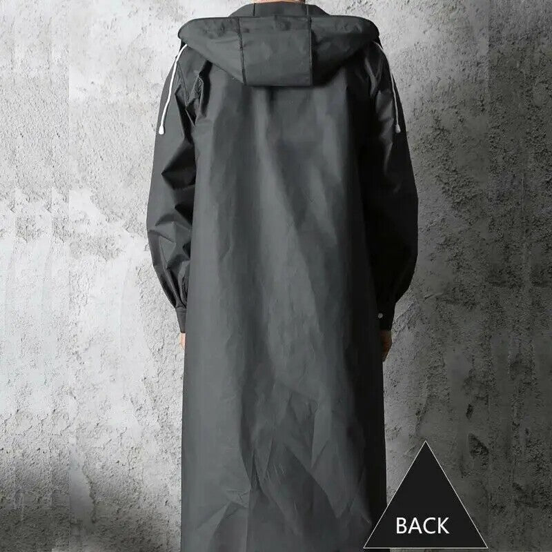 Men Black Waterproof Long Raincoat Rain Coat Hooded Trench Jacket Outdoor Hiking
