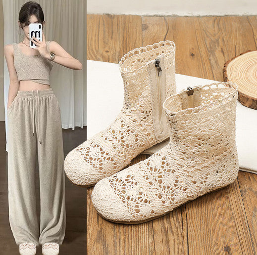 Mesh Womens Bohemian Summer Flat Cut Out Shoes Knitted Crochet Calf Short Boots*