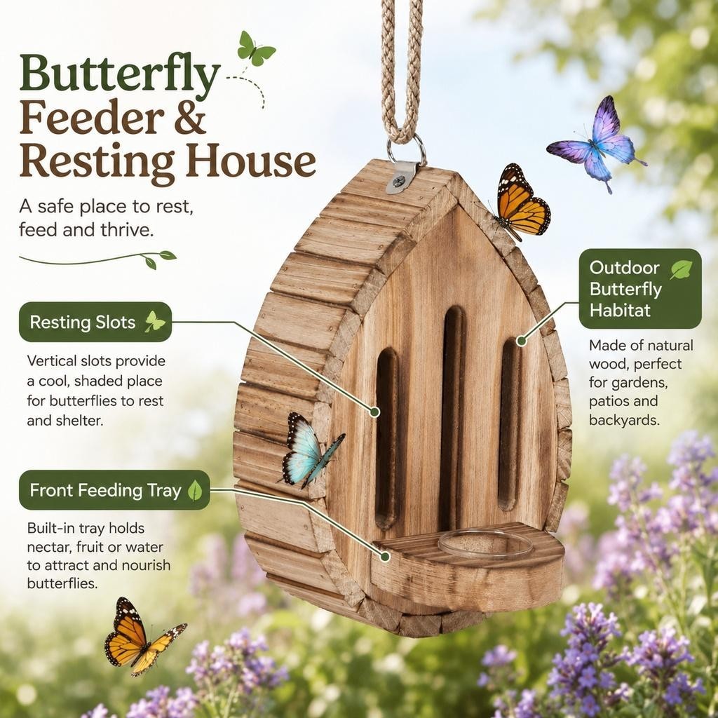 1x Butterfly House for Outside Teardrop-Shaped Wooden Butterfly Habitat & Feeder