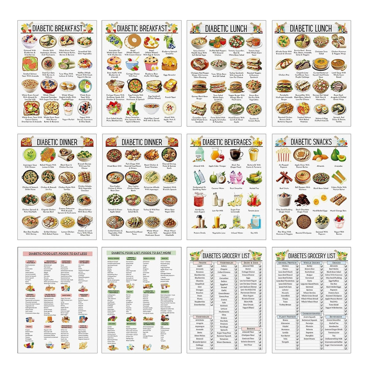 12PCS Laminated Diabetes Healthy Food List Meal Planning Reference Pamphlet