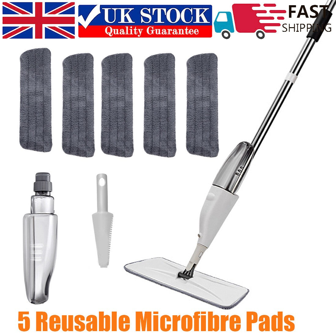 Spray Mop for Floor Cleaning 5 Reusable Microfibre Pads 350ml Water Bottle Tank